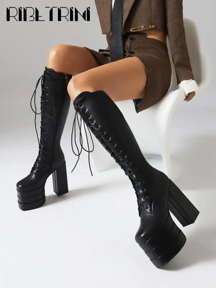 Cool Women Motorcycle Boots High Heeled Knee High Sassy Platform Shoes Lace Up Zip Luxury Designer Brand Winter Street Booties