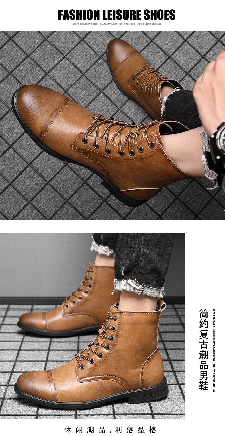 2024 Autumn and Winter New Fashion Pointy Retro Leather Boots High Top British Casual Men's Shoes Large Size 38-48