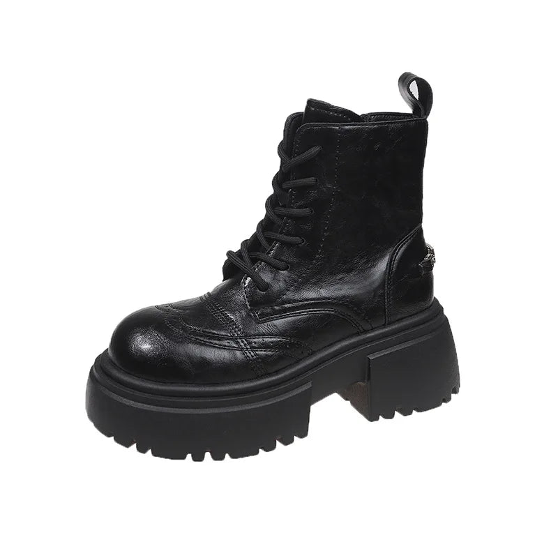 Boots Woman 2025 Trend Female Shoes Winter New British platform Lace up zipper ankle boots Plush Flat Heel Motorcycle boots