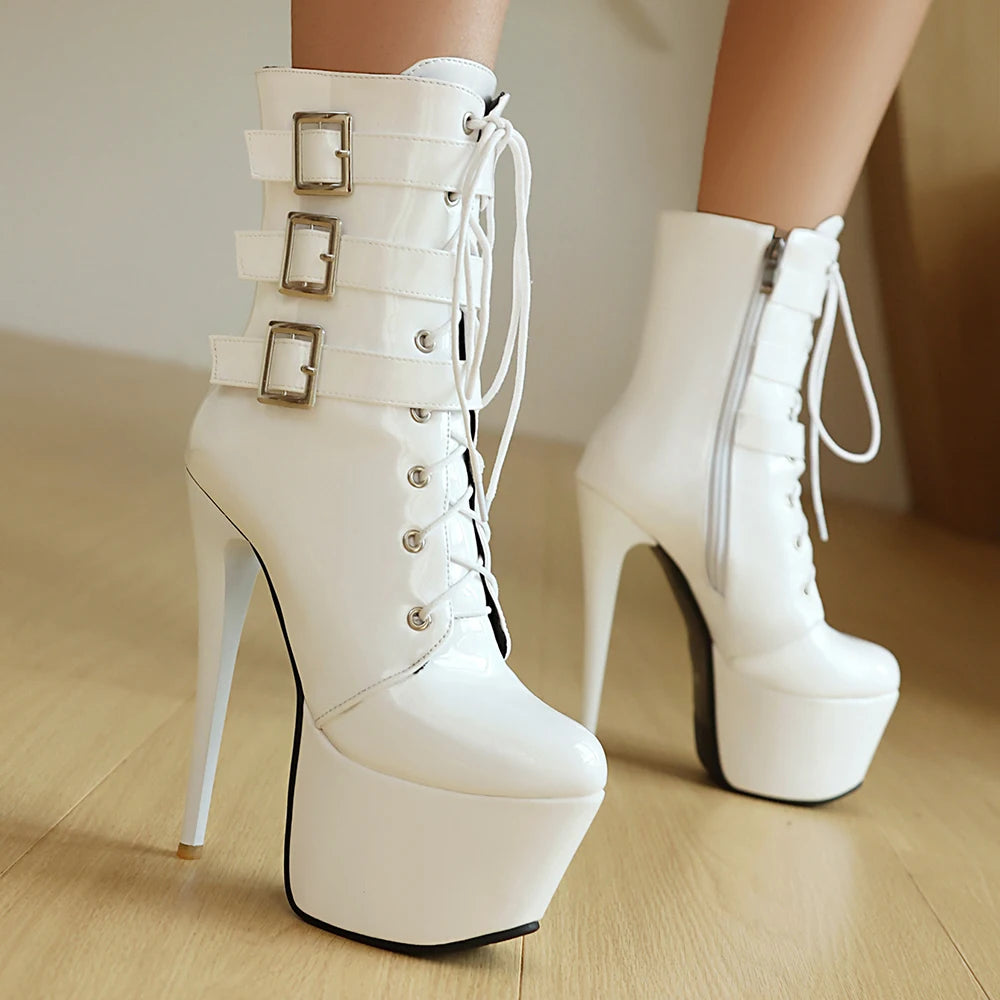 INS Style 15CM Extreme High Heels Platform Boots Lace Up Sexy Pole Dancing Ankle Boots Side Zip Gold Silver  Shoes Fast Shipping