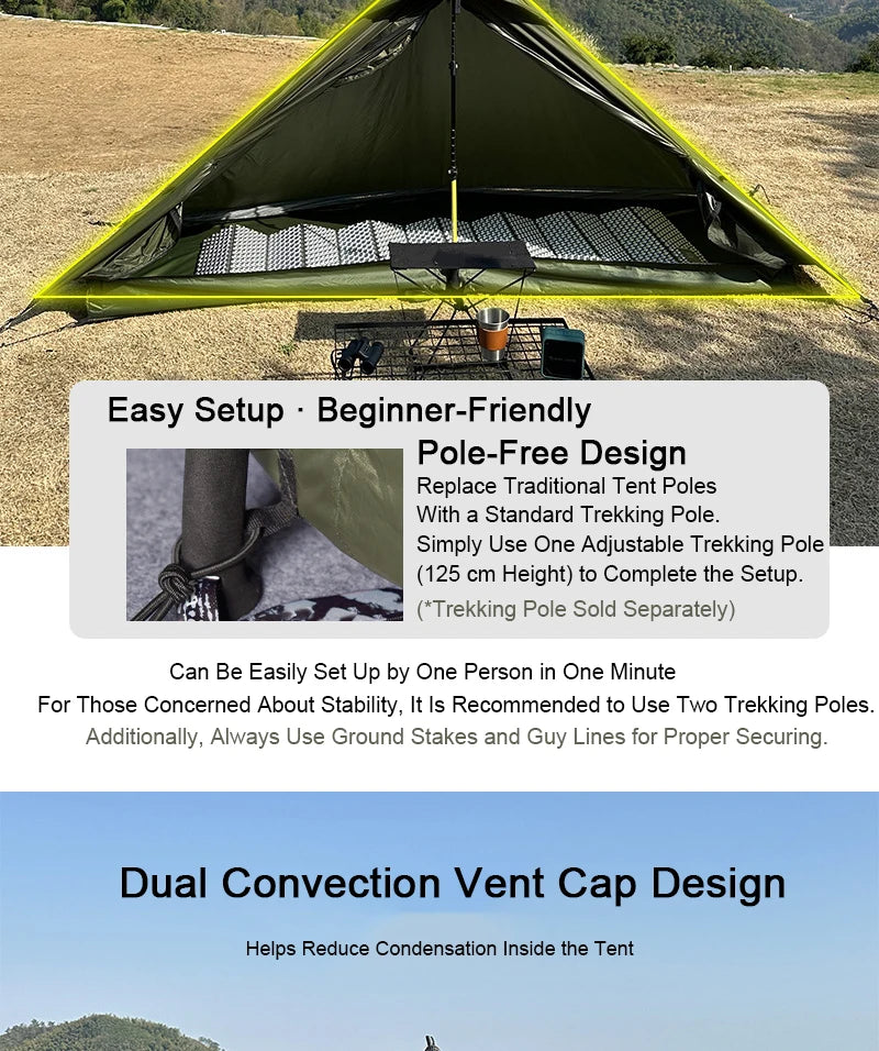 EMER 2 Person 1 Person Outdoor Ultralight Camping Tent 4 Season Professional 20D Silnylon Rodless Tent Hiking Portable Tent