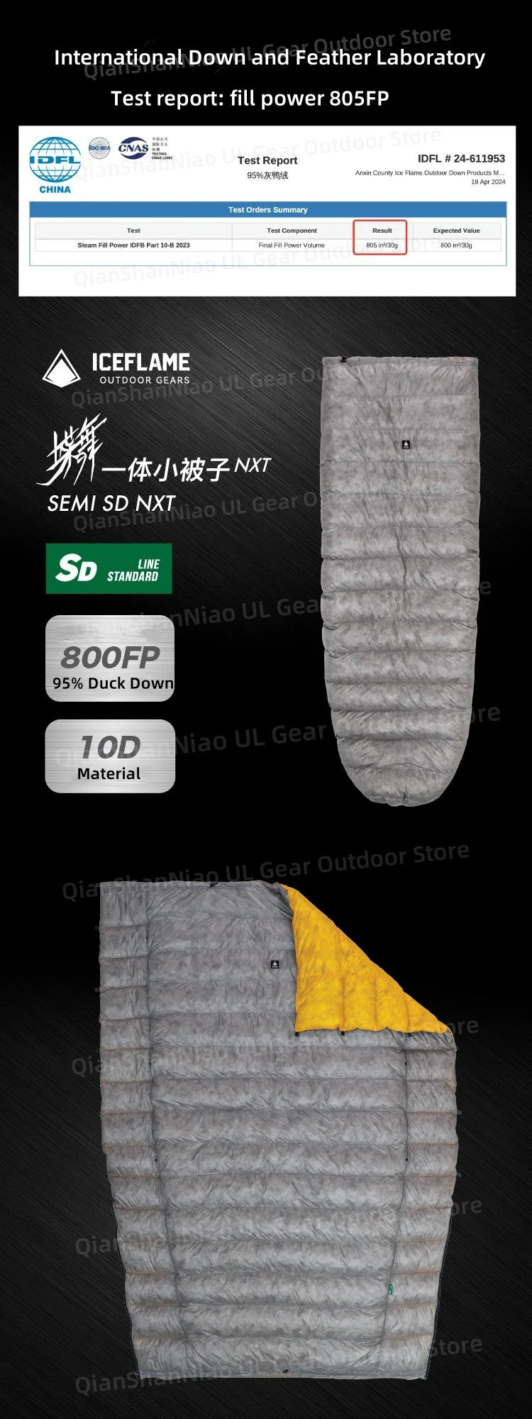 ICE Flame NXT 800FP Down Quilt Outdoor Camping Multifunctional Ultralight New Duck Down Quilt Waterproof Bottomless Sleeping Bag