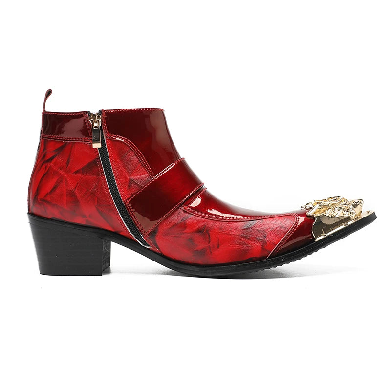 Spring Men's Boots Red Studded Pointed Leather Boots  Model Social Height Increasing  Patent Leather High-heeled Men's Boots