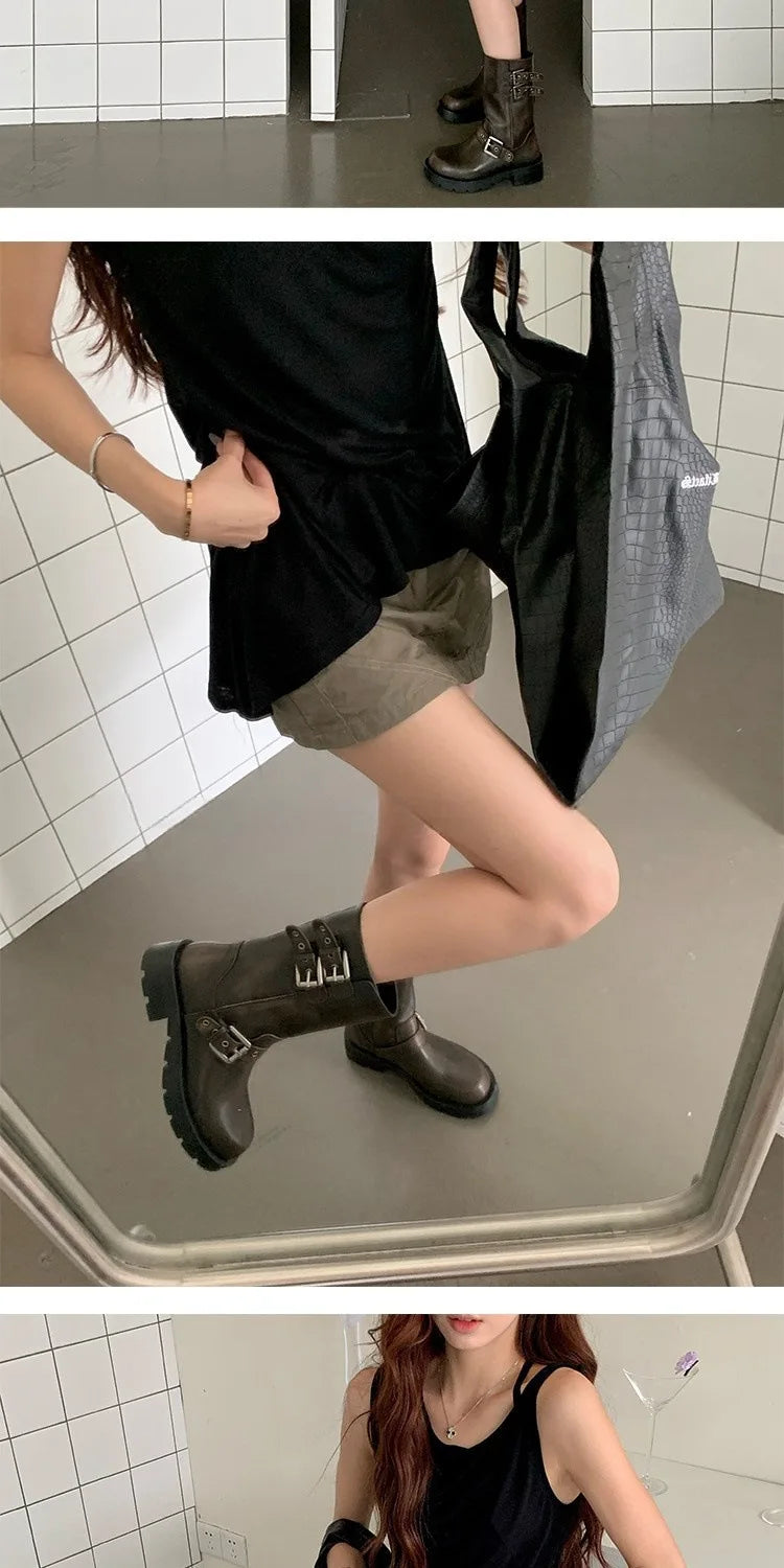 Spring and Autumn Women Boots Retro Platform Boots 2024 Round Toe Solid Color Low Heel Short Buckle Casual Women's Fashion Boots