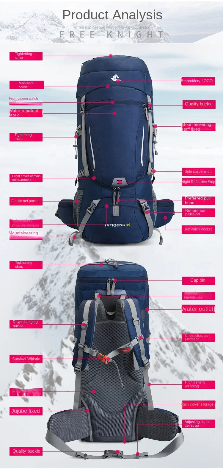 60L Large Hiking Mountaineering Backpack Climbing Hiking Backpack Camping Backpack Sport Outdoor Rucksack Bag For MEN