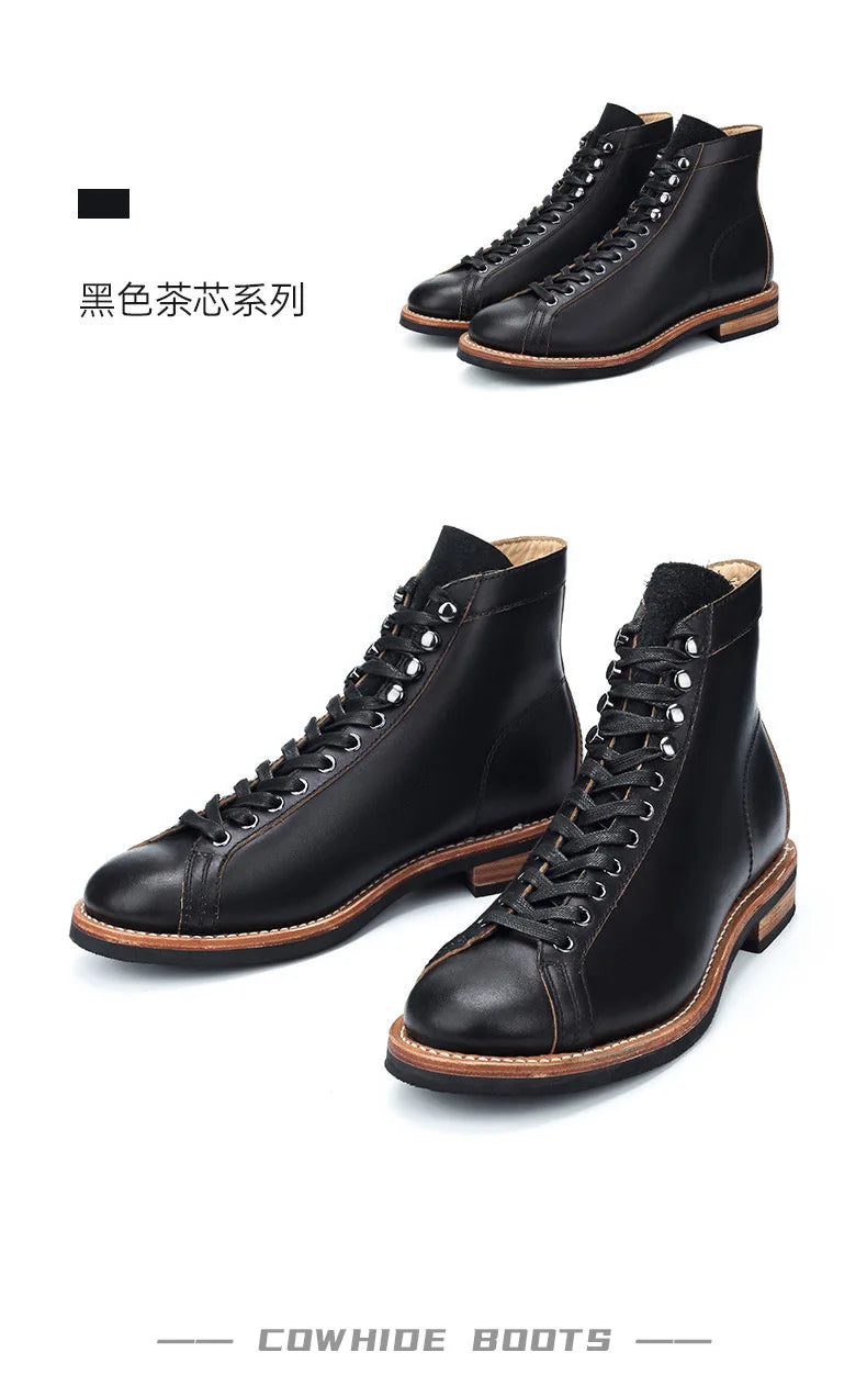 Cowhide High Top Motorcycle Boots Vintage Men Moto Ankle Boots Motocross Thick Soled Riding Boots Walking Shoes Moto Equipment
