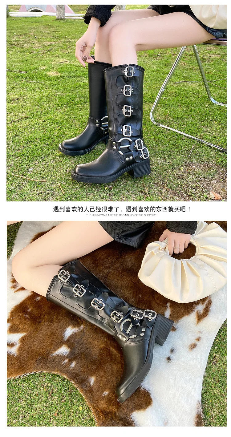Women's High Platform Boots Metal Buckle Thick Heel Motorcycle Boots Vintage Soft Leather Punk Boot Brown Leather Knight Boot