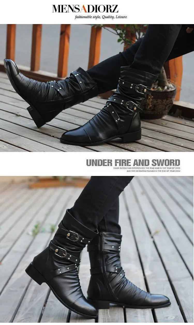 Winter Pointed Toe Men's Mid-calf Boots Buckle Strap Chelsea Boot for Men Leather Mens Motorcycle Boots High Top Man Winter Shoe
