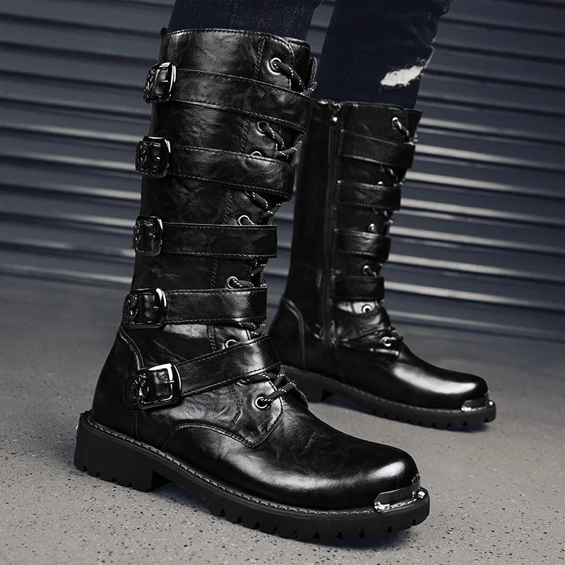 2025 High Leather Boots Men Black Boots Gothic Punk Motorcycle Boots Men Big Size 46 Comfy Platform Boots for Men Tooling Boots