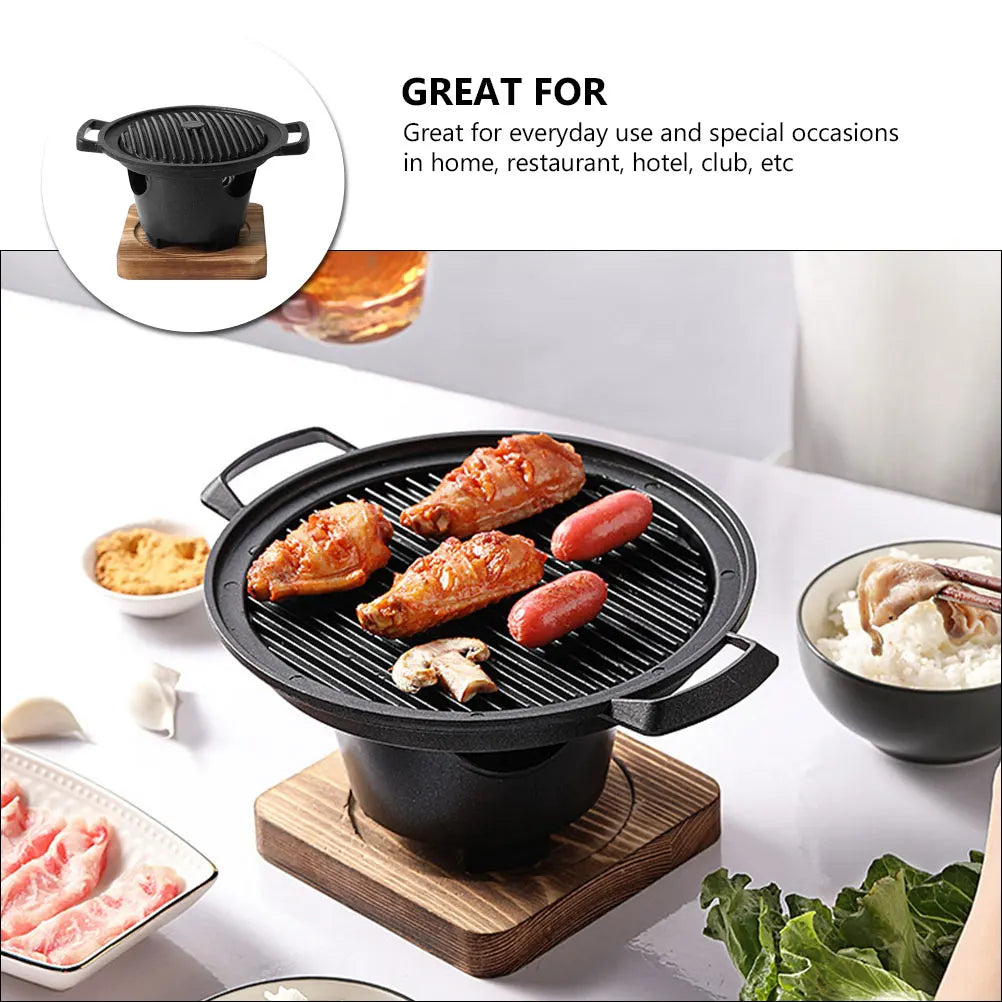 1 Set Grilling Plate Furnace Smoke-Free Barbecue Stove Wooden Board Non-Stick Aluminum Durable Easy Storage Space-Saving Indoor