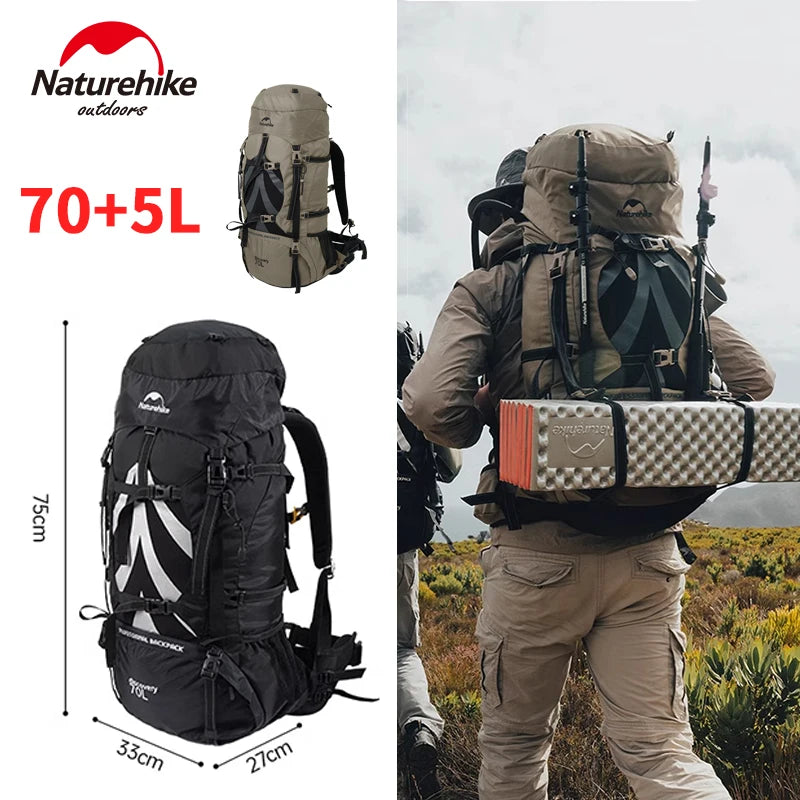 Naturehike Hiking Backpack Waterproof 70L + 5L Lightweight Mountaineering Hiking Outdoor Camping Trekking Bag with Rain Cover