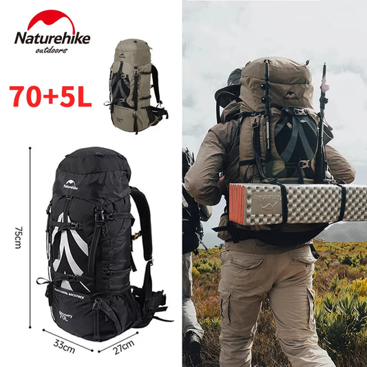 Naturehike Hiking Backpack Waterproof 70L + 5L Lightweight Mountaineering Hiking Outdoor Camping Trekking Bag with Rain Cover