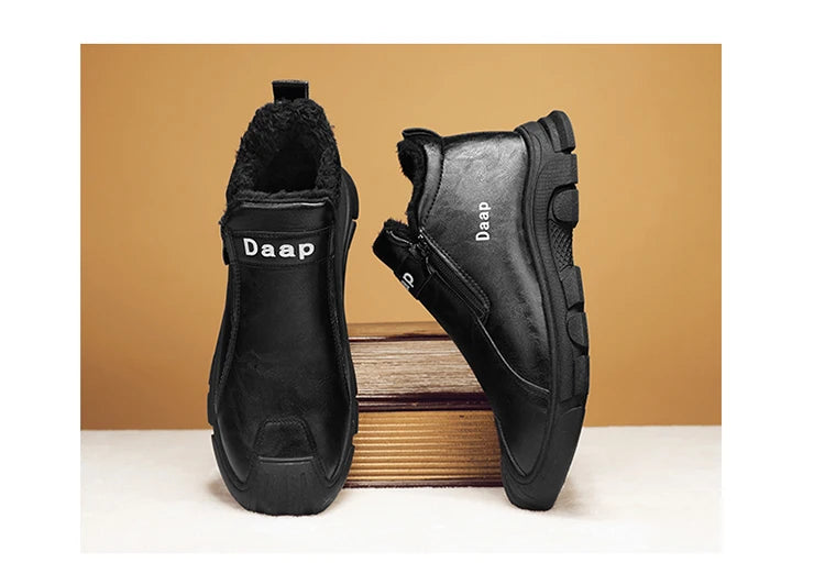 2025 High Top Men's Winter Shoes Comfortable Black Fluff Boots Men Warm Plush Leather Casual Sneakers Men Work Motorcycle Boots