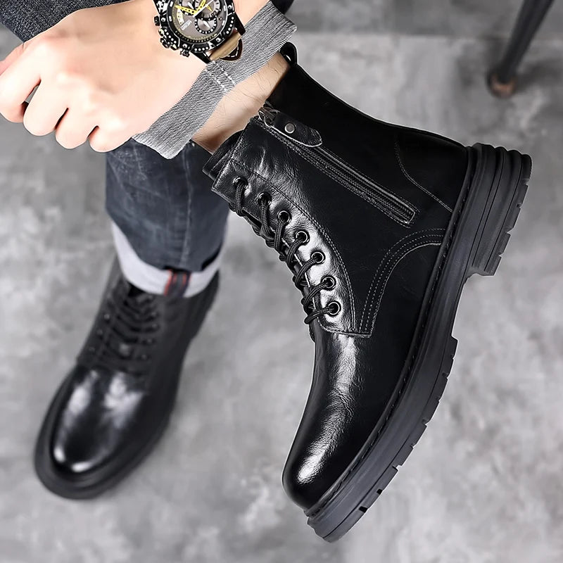 High Quality Brand Men's Leather Casual Shoes Outdoor Workwear Shoes Thick Soled Wear-resistant Men's Motorcycle Boots Handsome