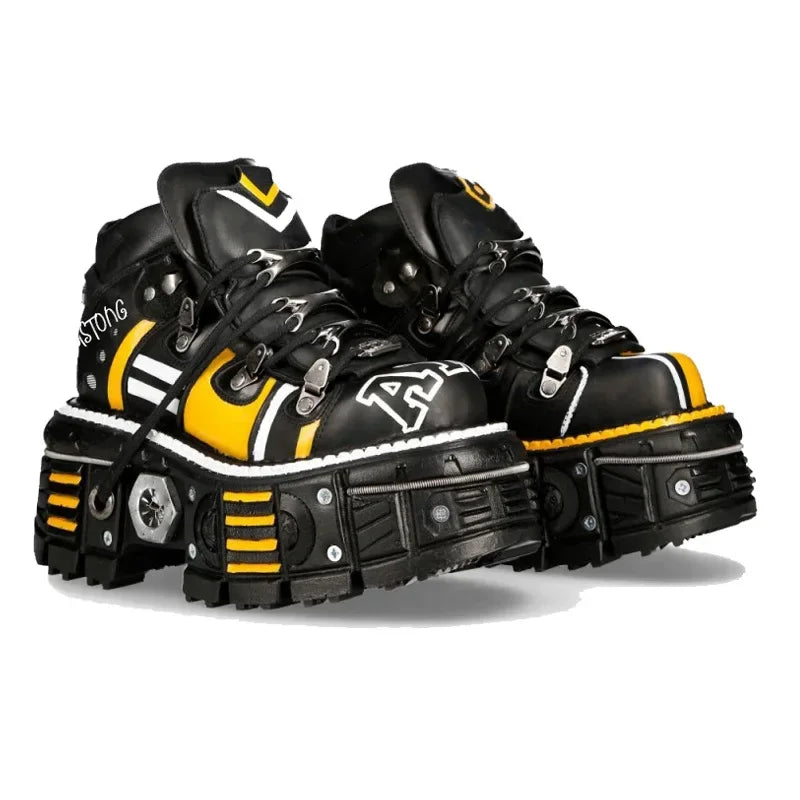 Fashion Men's Genuine Leather Punk New Motorcycle Boots Spanish Tank Metal High-Top Platform Women Handmade Ankle Shoes