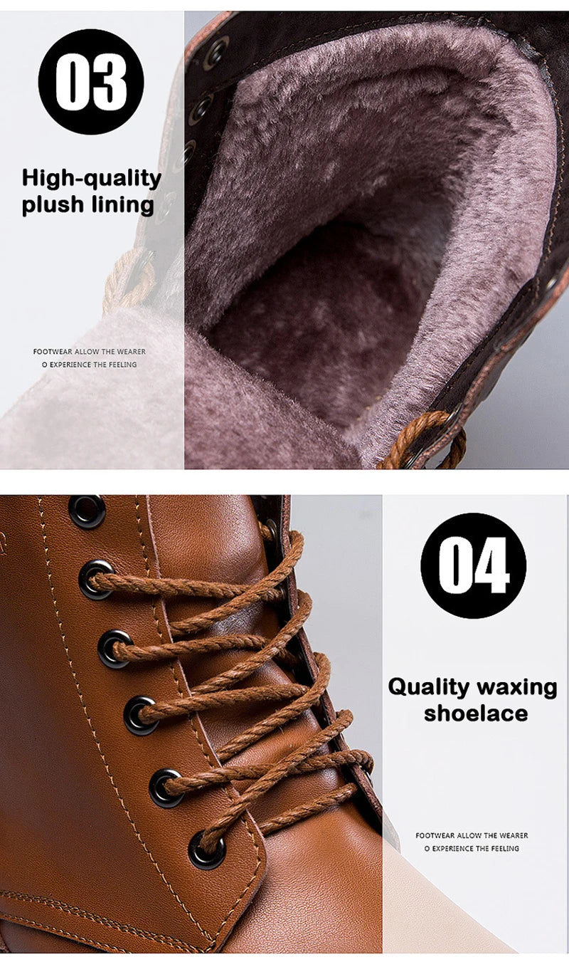 Genuine Leather Men's Boots Plush Warm Winter Boots High Quality Men Motorcycle Boots Fashion Tooling Shoes