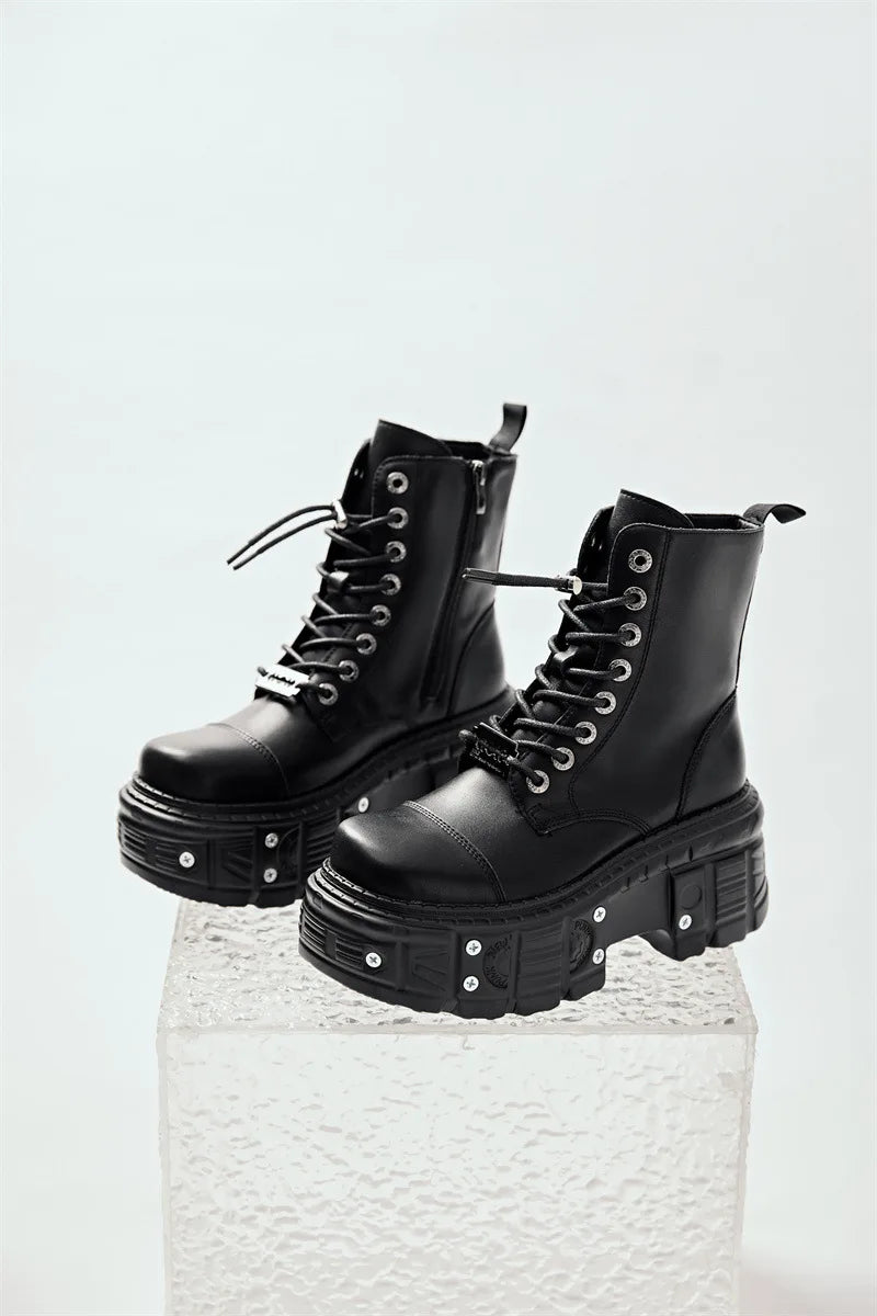 Women Omet Dark Motorcycle Heavy Metal Platform Cross-border Boots 2024 Spring New Female Punk Small Leather Men Shoes