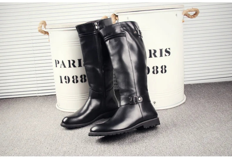British Mens Black Leather Knee High Boots Desiger Zip Long Motorcycle Shoes Antique Cosplay Stage Botas Casual Comfort Zapatos