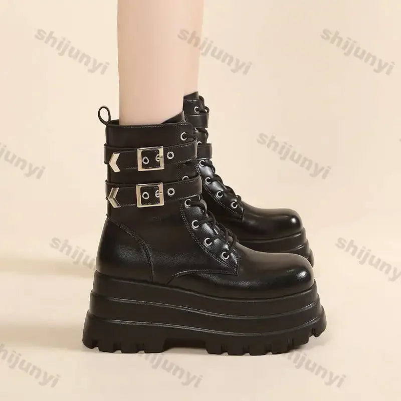 Women Boots British Belt Buckle 2025 Autumn New Height Increasing Thick Soled Short Boot Lace Up Zipper Fashion Motorcycle Boots