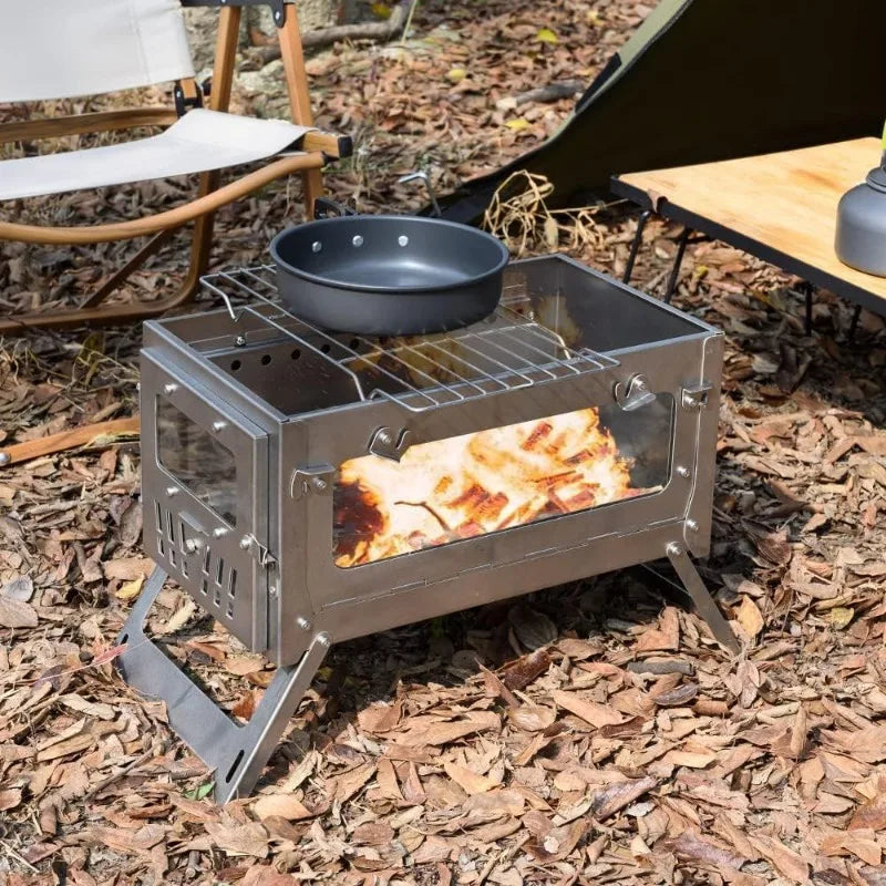 Stainless Steel Portable Tent Stove Foldable with Side Glass Chimney Burner Camping Wood Stove Heating Cooking Grill