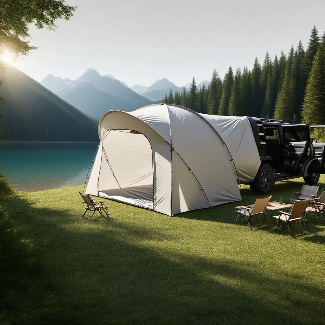 3-4 Person SUV Camping Tent PU4000 Waterproof with Mesh Bug Door, Cross-Ventilated Quick-Pitch Design, Built-In Floor