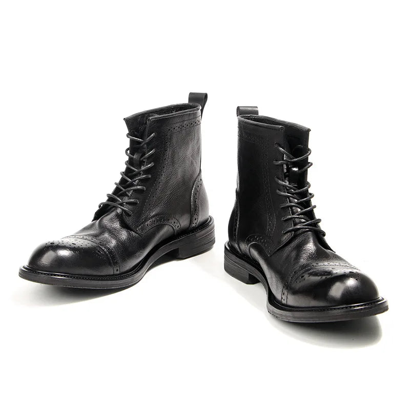 US 6-10 Business Man Mature Office Carving Brogue Shoes Men's Cowhide Top Layer Retro Genuine Leather Suit Boots