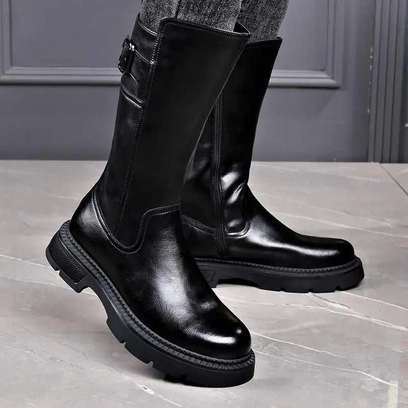 Tall Boots for Men Made of Leather with Increased Height and Soft Sole Western Cowboy Plush Insulation Knight Ankle Riding