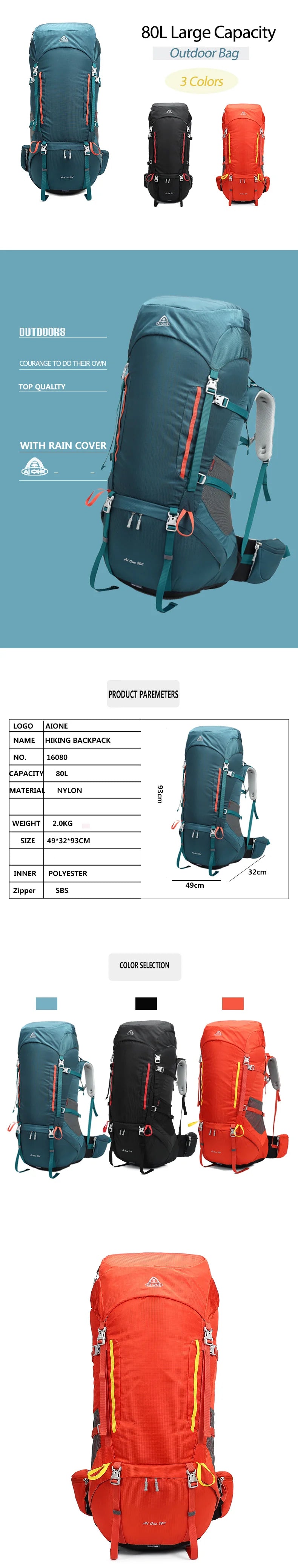 80L Travel Sports Hiking Bag Large Capacity Camping Backpack Bicycle Mochila Adjustable Molle Climbing Daypack with Rain Cover
