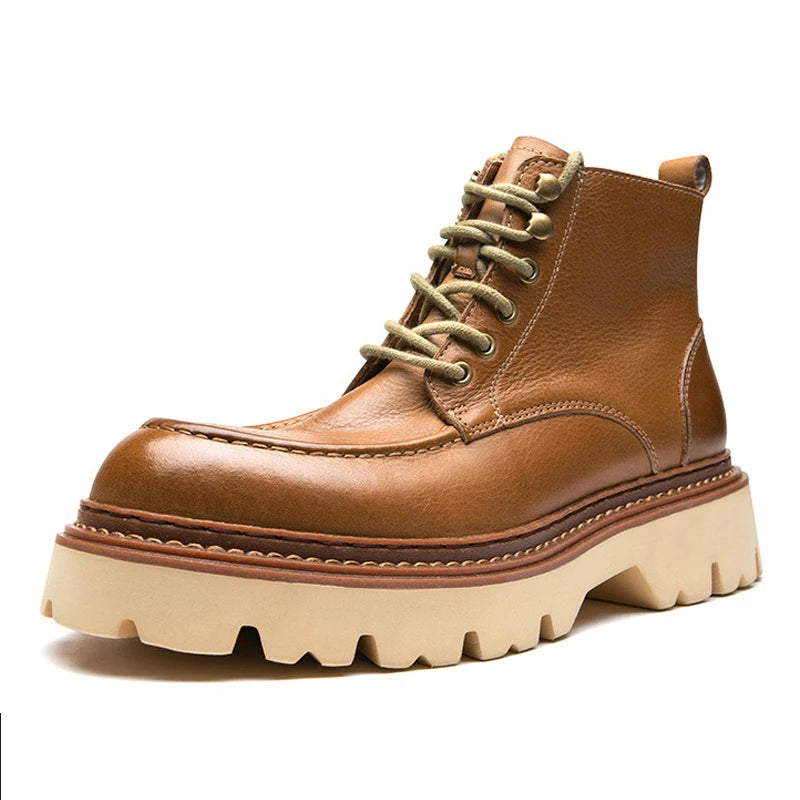 Men's Motorcycle Boots Genuine Leather High Top Motorbike Ankle Boots Thick Soled Vintage Round Toe Casual Punk Dress Shoes