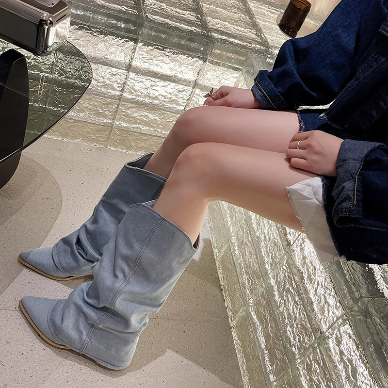 2023 New Knee High Knight Boots Pointed Toe Chelsea Boots Women Shoes Autumn Winter Brand Gladiator Goth Snow Motorcycle Boots