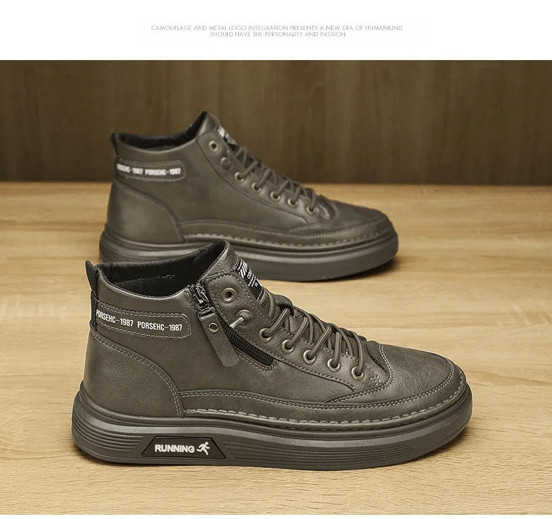 Leather Boots for Men Zipper Man Sneakers Fashion Ankle Boots High Top Man Boots Solid Sports Shoes 2024 Trend Motorcycle Boot