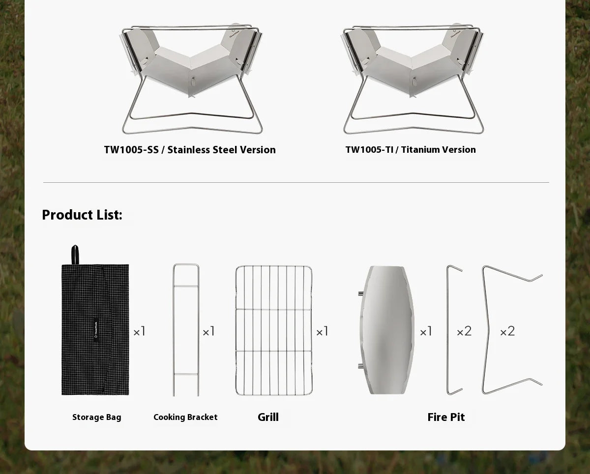 Ultralight Folding Fire Pit Grill – Portable Wood Burning Camp Stove for Outdoor Camping, BBQ Rack with Bonus Grate