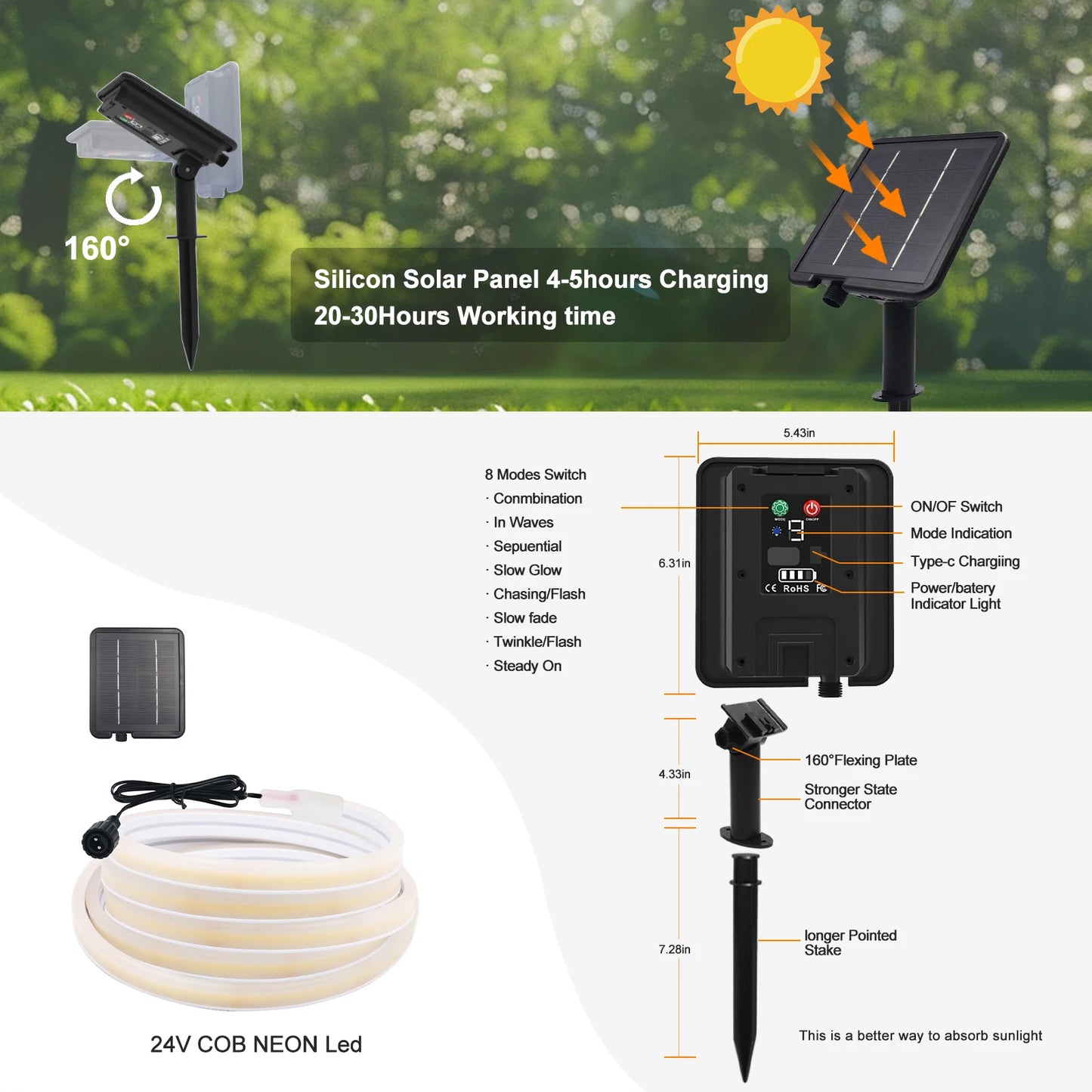 DC 24V COB Solar Neon Strip LED Lights 6X12MM 320LEDs Waterproof IP68 Flex Warm White Natural Double-sided Glow Linear Lighting