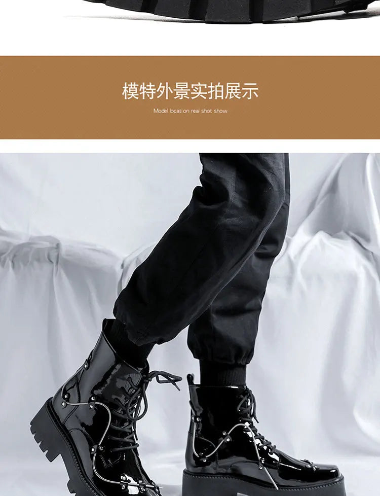 2025 Niche British Style Platform Derby Shoes Square Head Bright Leather Men's Business Casual Retro Boots