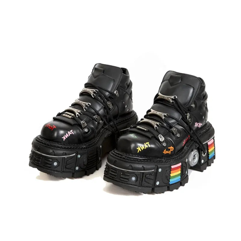 Fashion Men's Genuine Leather Punk New Motorcycle Boots Spanish Tank Metal High-Top Platform Women Handmade Ankle Shoes