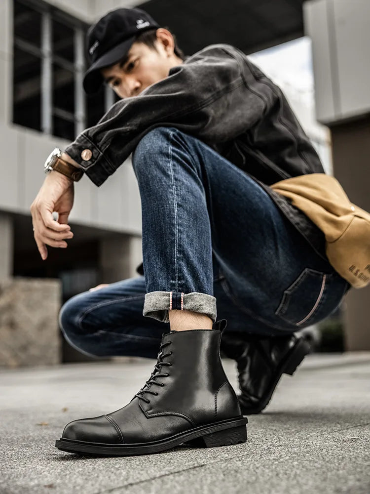 A047 New Men's Boots British High Calf Man Shoes Fashion Round Toe Ankle Boots Comfort Flats Shoes Leather Motorbike Shoe