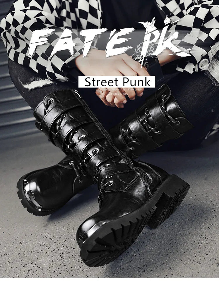2025 High Leather Boots Men Black Boots Gothic Punk Motorcycle Boots Men Big Size 46 Comfy Platform Boots for Men Tooling Boots