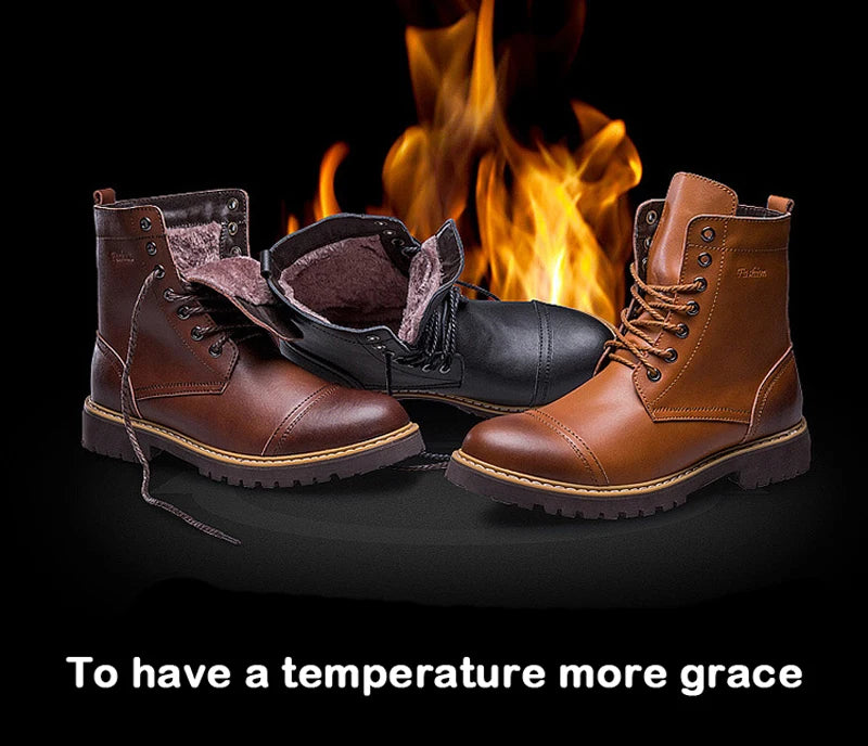 Genuine Leather Men's Boots Plush Warm Winter Boots High Quality Men Motorcycle Boots Fashion Tooling Shoes