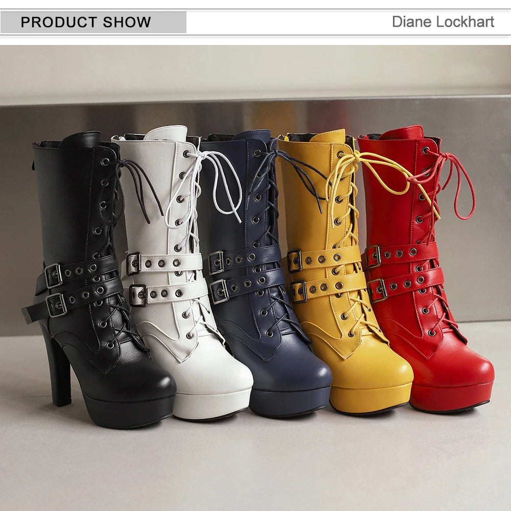 Women Punk Style Lace-Up Ankle Boots Belt Buckle Platform High Heels Short Boot Female White Autumn Winter Round Toe Shoes 2025