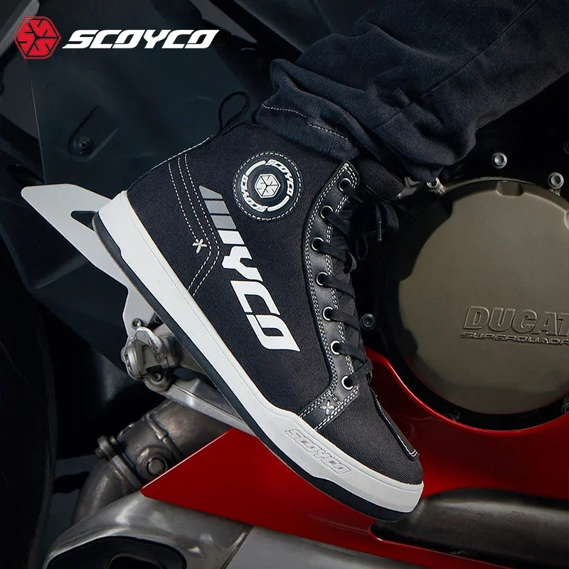 SCOYCO Commuter Motorcycle Riding Shoes Fashion Casual Hundred Crash Shoes Breathable Canvas Riding Motorcycle Boots MT068