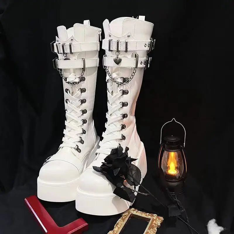 Girls Winter Motorcycle Boots Platform Boots for Women Wedges Knee High Black Lace Up Fashion Goth Gothic Boots Punk Shoes