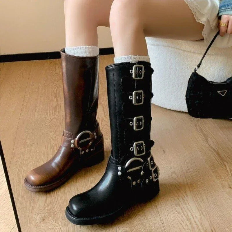 Metal Buckle Square Toe Knee High Boots Women Black PU Leather Punk Long Boots Woman Autumn 2025 Chunky Heels Motorcycle Booties