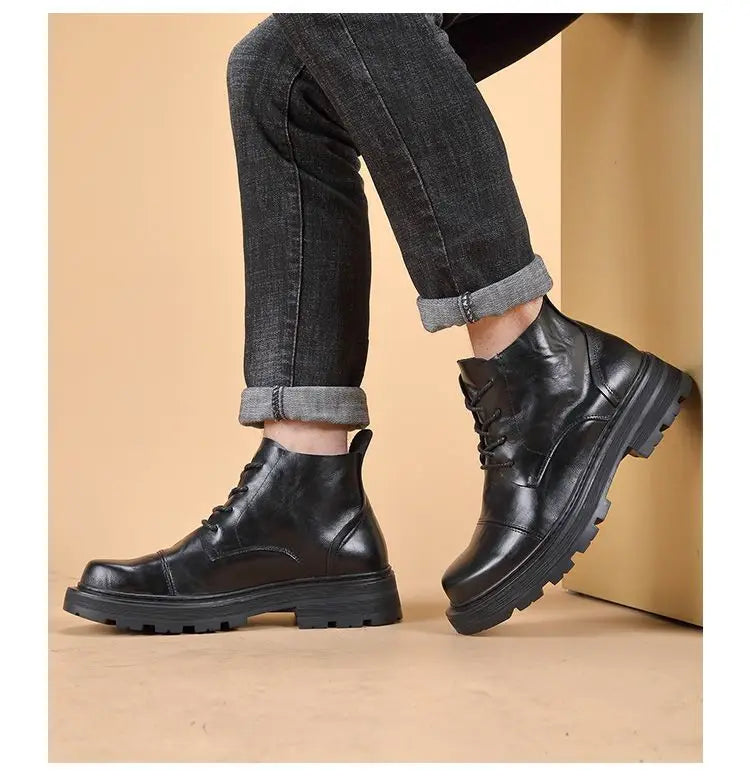Motorcycle Boot British Style High-top Lace-up Ankle Boots Autumn Winter New Luxury Men's Genuine Leather Designer Shoes