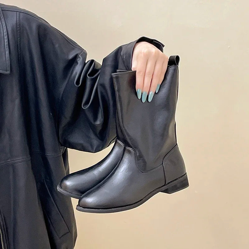 Autumn Winter Women Mid Calf Boots Female Round Toe Slip On Shoes Street Style Motorcycle Botas Mujer