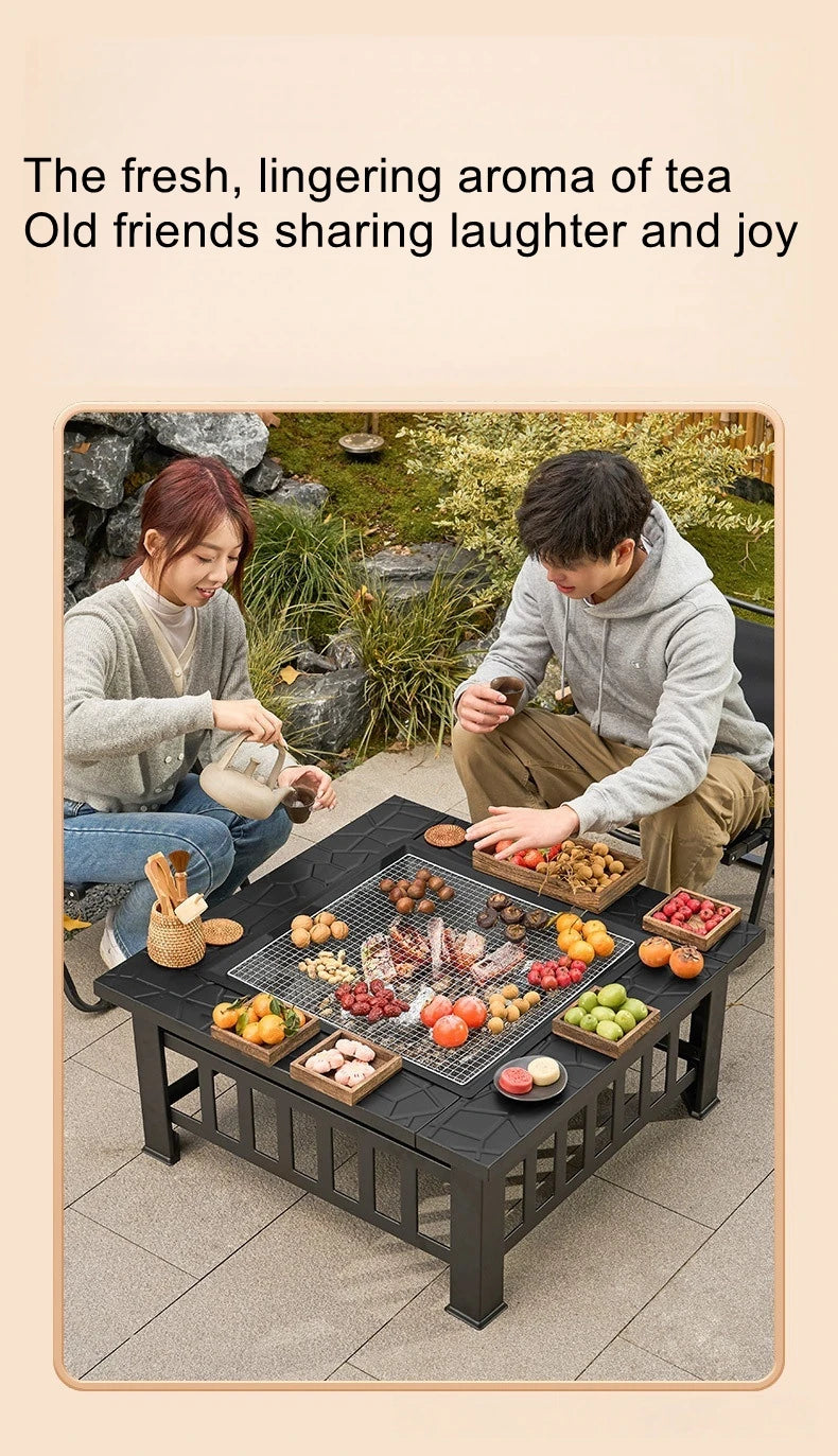 Outdoor Square Barbecue Grill Multi-Functional Barbecue Table Charcoal-Fired Tea-Brewing Table Wood-Burning Stove