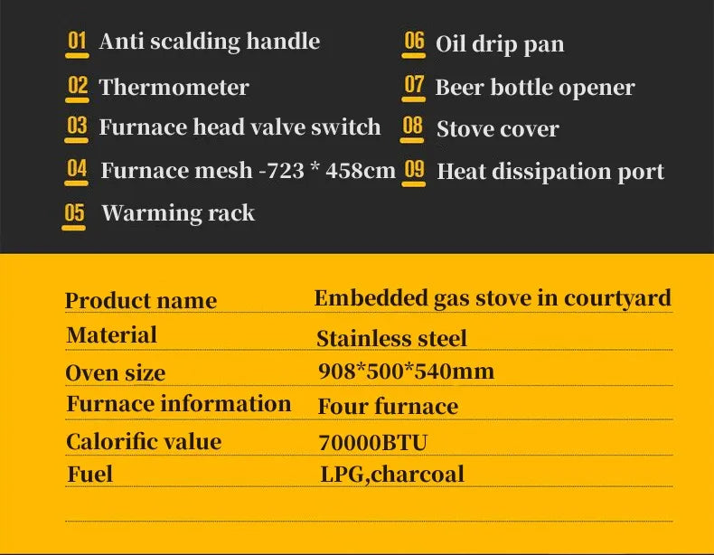 304 stainless steel embedded barbecue stove courtyard gas barbecue grill charcoal gas dual-purpose stewing stove BBQ