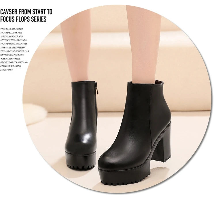 8cm 10cm Small Size 33-43 Thick Bottom Platform Shoes Ankle Boots with Fur 2024 Block High Heels Genuine Leather Boots Office