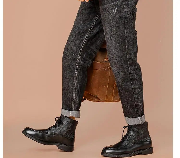 A028 Men's Boots Cow Genuine Leather Lace Up Man Shoes High Calf Male Footwear British New Winter Boots Motorbike Shoes Vintage