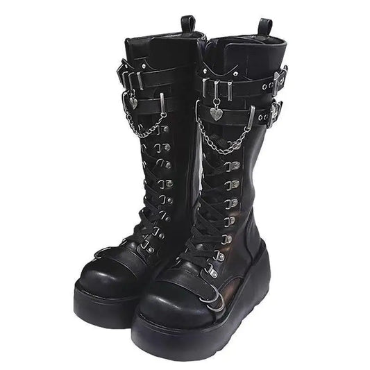 Girls Winter Motorcycle Boots Platform Boots for Women Wedges Knee High Black Lace Up Fashion Goth Gothic Boots Punk Shoes