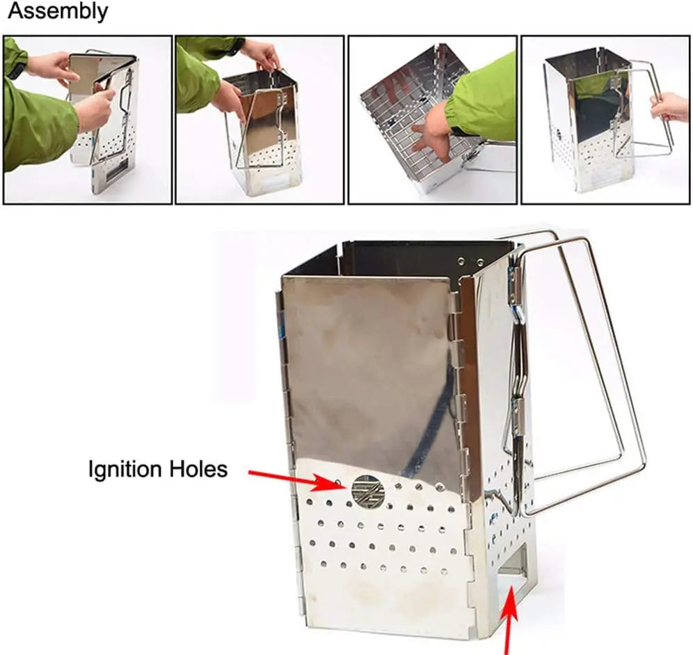 Portable Chimney Cooker Stove, Stainless Steel Wood Burner, Foldable Charcoal Starter for Outdoor Camping